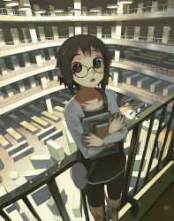 Rule 34 | 1girl, architecture, bag, black hair, book, bookshelf, brown eyes, brown hair, cardigan, collarbone, desk, from above, glasses, holding, knees, leaning, library, looking up, open mouth, original, railing, raised eyebrows, short hair, shorts, solo, table, wide-eyed