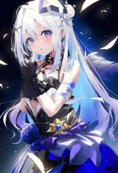 Rule 34 | 1girl, absurdres, amane kanata, amane kanata (another world), angel wings, bandaged arm, bandages, bare shoulders, black gloves, blush, collar, commentary, corset, feathers, gloves, grey hair, hair between eyes, hair bun, highres, hololive, kuu (user gngs5284), long hair, looking at viewer, official alternate costume, own hands clasped, own hands together, purple eyes, skirt, solo, strapless, tube top, virtual youtuber, wings