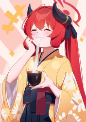 Rule 34 | 1girl, black horns, black ribbon, blue archive, blush, bowl, closed eyes, commentary request, floral print, food, food in mouth, hair between eyes, hair ribbon, hand on own face, happy, highres, holding, holding bowl, horns, japanese clothes, junko (blue archive), junko (new year) (blue archive), kimono, long sleeves, mochi, red hair, ribbon, rindou ringdong, school uniform, sidelocks, solo, star (symbol), sunburst, sunburst background, twintails, wide sleeves, yellow kimono