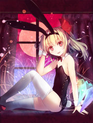 Rule 34 | 1girl, alternate costume, animal ears, arm support, bare shoulders, blonde hair, breasts, cleavage, culter, fake animal ears, flandre scarlet, flat chest, highres, leotard, looking at viewer, moon, no headwear, no headwear, playboy bunny, pointy ears, rabbit ears, red eyes, red moon, short hair, side ponytail, sitting, slit pupils, smile, solo, thighhighs, touhou, white thighhighs, window, wings, wrist cuffs