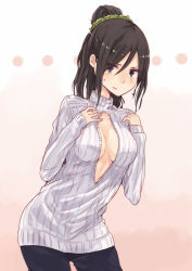 Rule 34 | 1girl, black hair, blue eyes, breasts, center opening, cleavage, hrd, long hair, looking at viewer, medium breasts, meme attire, open-chest sweater, original, ponytail, simple background, solo, sweatdrop, sweater