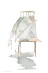 Rule 34 | 1boy, angel, angel wings, artist name, barefoot, blouse, chair, crossed legs, depressed, feathers, from side, gun, male focus, original, pants, rido (ridograph), shirt, simple background, sitting, water, watermark, weapon, web address, white background, white hair, white pants, white shirt, wings