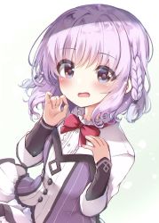 Rule 34 | 1girl, blush, bow, bowtie, braid, breasts, buttons, dress, dutch angle, french braid, gattengou, hands up, highres, long sleeves, looking at viewer, open mouth, original, purple eyes, red bow, red bowtie, short hair, silver hair, simple background, small breasts, solo, upper body, white background, white dress
