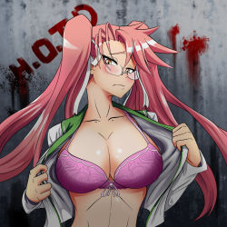 Rule 34 | 1girl, blush, bow, bow bra, bra, breasts, collarbone, glasses, hair between eyes, highres, highschool of the dead, large breasts, open clothes, pink hair, purple bra, takagi saya, twintails, underwear, undressing