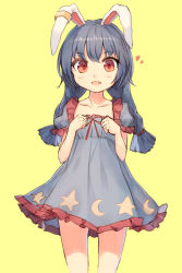 Rule 34 | 1girl, :d, animal ears, blue dress, blue hair, blush, collarbone, cowboy shot, crescent, dress, earclip, eyebrows, fang, hair ribbon, heart, highres, legs apart, looking at viewer, low twintails, open mouth, puffy short sleeves, puffy sleeves, rabbit ears, red eyes, red ribbon, ribbon, seiran (touhou), shiny skin, shone, short dress, short sleeves, simple background, smile, solo, star (symbol), touhou, twintails, yellow background