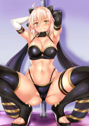 Rule 34 | 1girl, absurdres, ahoge, armpits, arms behind head, arms up, asymmetrical gloves, bare shoulders, bikini, black bikini, black gloves, black scarf, black thighhighs, blonde hair, blush, bow, breasts, cleavage, elbow gloves, fate/grand order, fate (series), feet, gloves, gluteal fold, grin, hair between eyes, hair bow, highres, long hair, looking at viewer, medium breasts, mismatched gloves, multi-strapped bikini, navel, okita j. souji (fate), okita j. souji (first ascension) (fate), okita souji (fate), okita souji (koha-ace), pole, sandals, scarf, short hair, smile, solo, spread legs, squatting, swimsuit, thigh strap, thighhighs, thighs, uchida shou, yellow eyes