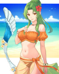 Rule 34 | 1girl, absurdres, bare shoulders, beach, bikini, blue sky, breasts, cleavage, cloud, commentary request, cowboy shot, day, elincia ridell crimea, elincia ridell crimea (summer), fire emblem, fire emblem: radiant dawn, fire emblem heroes, flower, green hair, hair flower, hair ornament, hand on own chest, hibiscus, highres, jewelry, looking at viewer, medium breasts, navel, necklace, nintendo, off-shoulder bikini, off shoulder, official alternate costume, orange bikini, puffy short sleeves, puffy sleeves, red flower, sarong, short sleeves, sky, smile, solo, standing, stomach, swimsuit, thighs, truejekart
