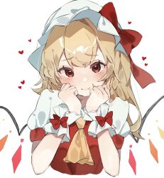 Rule 34 | 1girl, ascot, blonde hair, cropped torso, fang, fang out, flandre scarlet, hat, heart, heart background, higa (gominami), highres, mob cap, one side up, puffy sleeves, red eyes, short sleeves, simple background, solo, touhou, upper body, white background, white hat, wings