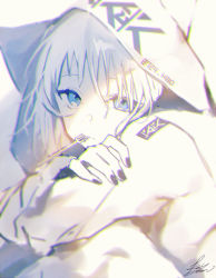 Rule 34 | 1girl, animal ears, animal hood, blue eyes, closed mouth, commentary request, crossed arms, fake animal ears, fujikiri yana, hair over one eye, highres, hood, hood up, hooded jacket, jacket, long sleeves, looking at viewer, monochrome, mouth hold, nail polish, original, signature, solo, utensil in mouth
