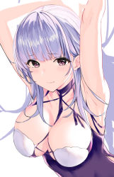 Rule 34 | 1girl, armpits, arms up, azur lane, blunt bangs, blush, breasts, cleavage, closed mouth, commentary request, criss-cross halter, dido (anxious bisque doll) (azur lane), dido (azur lane), dress, dress straps, halter dress, halterneck, highres, large breasts, light purple hair, long dress, long hair, looking at viewer, pink eyes, purple dress, sidelocks, temir