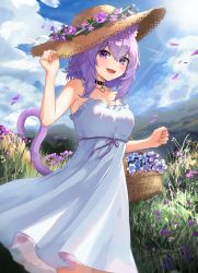 Rule 34 | 1girl, :d, absurdres, animal ears, arm up, bare arms, bare shoulders, basket, black choker, blue sky, blush, breasts, cat ears, cat girl, cat tail, choker, cleavage, cloud, cloudy sky, crossed bangs, day, dot nose, dress, falling petals, fang, flower, flower basket, grass, hand on headwear, hat, hat flower, highres, holding, holding basket, hololive, jeff 8046, medium breasts, medium hair, nature, nekomata okayu, open mouth, outdoors, petals, purple eyes, purple hair, purple tail, sidelocks, sky, smile, solo, spaghetti strap, straw hat, sundress, sunlight, tail, virtual youtuber, white dress, wind