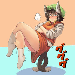 Rule 34 | 1girl, :3, animal ears, black eyes, black hair, blue background, blush, breasts, cat ears, cat tail, chanta (ayatakaoisii), chen, crossed arms, crossed legs, full body, green hat, hat, legs, long sleeves, multiple tails, nekomata, orange background, plump, puff of air, red skirt, red vest, shirt, short hair, skirt, small breasts, smug, socks, solo, tail, thighs, touhou, trembling, two-tone background, two tails, vest, white shirt, white socks