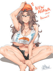 Rule 34 | 1girl, arm up, armpits, artist name, barefoot, black-framed eyewear, borrowed character, breasts, brown eyes, brown hair, cleavage, glasses, highres, huge breasts, long hair, looking at viewer, navel, obui, ooo ayumu, original, short shorts, shorts, signature, simple background, smile, solo, spread legs, tank top, thighs, translation request, underboob, unzipped, very long hair, white background