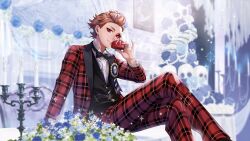 Rule 34 | 1boy, ace trappola, black bow, black bowtie, black vest, bow, bowtie, candelabra, candlestand, crossed legs, game cg, gift, highres, holding, holding gift, indoors, jacket, looking at viewer, official alternate costume, official art, orange hair, pants, plaid, plaid jacket, plaid pants, red eyes, red jacket, red pants, shirt, short hair, sitting, solo, twisted wonderland, vest, white shirt