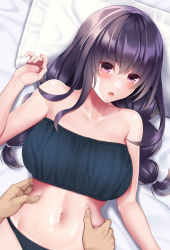 Rule 34 | 1girl, 1other, bandeau, bare shoulders, bikini, black hair, blue bikini, blush, braid, breasts, collarbone, commentary request, hand on another&#039;s stomach, hand up, huyumitsu, large breasts, long hair, looking at viewer, lying, navel, on back, open mouth, original, paid reward available, purple eyes, solo focus, stomach, strapless, strapless bikini, swimsuit, twin braids, twintails
