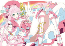 Rule 34 | 1girl, angel wings, beret, boots, bow, choker, copyright request, frills, green eyes, hat, holding, holding wand, kishiwada robin, knee boots, knees up, long hair, magical girl, pink hair, pink theme, puffy short sleeves, puffy sleeves, short sleeves, smile, solo, star (symbol), wand, wings, wrist cuffs