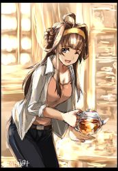 Rule 34 | 1girl, ;d, ahoge, alternate costume, blurry, blurry background, breasts, brown hair, casual, commentary request, denim, double bun, hair bun, hairband, headgear, highres, jeans, kantai collection, kongou (kancolle), large breasts, long hair, looking at viewer, one-hour drawing challenge, one eye closed, open mouth, pants, purple eyes, seitei (04seitei), shirt, signature, smile, solo, tea, teapot