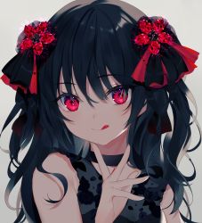 1girl :q achiki black_choker black_hair choker hair_ribbon hand_up long_hair looking_at_viewer original red_eyes ribbon shirt simple_background sleeveless sleeveless_shirt solo tongue tongue_out upper_body white_background