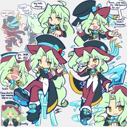Rule 34 | 2boys, absurdres, black headwear, blush, brown eyes, character request, closed eyes, closed mouth, english text, green hair, hat, highres, leslietheluna, long hair, long sleeves, looking at viewer, looking away, meme, multiple boys, open mouth, parted bangs, puyopuyo, sans (puyo puyo), short hair, sickos (meme), smile, speech bubble, top hat