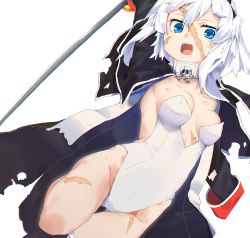 Rule 34 | 1girl, absurdres, blue eyes, breasts, fate/grand order, fate (series), highres, leotard, long coat, mary read (fate), nanao (aoyamahikari), playboy bunny, scar, scar on face, skull and crossbones, small breasts, solo, sword, weapon, white background, white hair