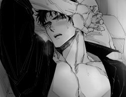 Rule 34 | 1boy, bara, bed, black hair, blue eyes, blush, domo (domo kizusuki), greyscale, hand over face, kokado shido (domo), large pectorals, looking at viewer, lying, male focus, monochrome, muscular, muscular male, on back, on bed, open clothes, open shirt, original, partially undressed, pectorals, shirt, short hair, solo, steam, sweat, thick eyebrows, unbuttoned, unbuttoned shirt, upper body, veins