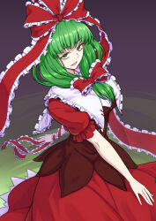 Rule 34 | 1girl, \||/, blunt bangs, bow, brown dress, dress, frills, from above, front ponytail, green eyes, green hair, hair ribbon, half-closed eyes, highres, kagiyama hina, kakone, long hair, lower teeth only, open mouth, red dress, ribbon, simple background, smile, solo, teeth, touhou, upturned eyes