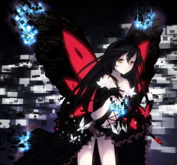 Rule 34 | 10s, 1girl, accel world, albreo, black hair, bug, butterfly, butterfly wings, digital dissolve, dress, elbow gloves, frills, gloves, goth fashion, hairband, highres, insect, insect wings, kuroyukihime, long hair, navel, red eyes, solo, wings