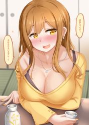 Rule 34 | 1girl, :d, aged up, black bra, blush, bra, breast lift, breasts, brown hair, choko (cup), cleavage, collarbone, commentary request, cup, drunk, earrings, highres, holding, holding cup, indoors, jewelry, kibihimi, kunikida hanamaru, large breasts, long hair, long sleeves, looking at viewer, love live!, love live! sunshine!!, nail polish, necklace, nose blush, off shoulder, open mouth, saliva, shirt, sidelocks, single bare shoulder, smile, solo, speech bubble, table, tatami, tokkuri, translation request, underwear, upper body, yellow eyes, yellow nails, yellow shirt