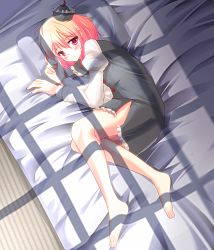 Rule 34 | 1girl, barefoot, bed, blonde hair, crescent, crescent moon, feet, female focus, hat, highres, legs, lunasa prismriver, moon, pillow, red eyes, short hair, solo, tkisii, touhou, ultimate ruirui