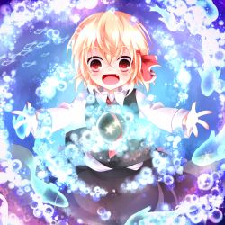 Rule 34 | 1girl, bad id, bad pixiv id, blonde hair, bubble, fang, fish, hair ribbon, kuroyume (dark495), open mouth, outstretched arms, red eyes, ribbon, rumia, shirt, skirt, skirt set, smile, solo, touhou, vest