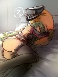Rule 34 | 1girl, ass, bare shoulders, bismarck (kancolle) (cosplay), bismarck (kancolle), c.c., cheese-kun, code geass, cosplay, creayus, detached sleeves, closed eyes, green hair, kantai collection, sleeping, thighhighs