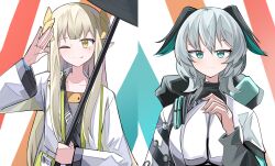 Rule 34 | 2girls, ;p, arknights, arm up, black wings, blue eyes, blue wings, blush, breasts, brown hair, closed mouth, eyebrows hidden by hair, feathered wings, grey hair, grey shirt, hair between eyes, head wings, highres, ho&#039;olheyak (arknights), jacket, large breasts, long sleeves, looking at viewer, mole, mole under eye, muelsyse (arknights), multiple girls, one eye closed, open clothes, open jacket, pointy ears, puffy long sleeves, puffy sleeves, shirt, smile, spam (spamham4506), tongue, tongue out, upper body, white jacket, white shirt, wings, yellow eyes