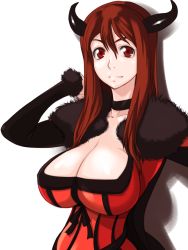 Rule 34 | 10s, 1girl, breasts, choker, cleavage, demon girl, horns, huge breasts, impossible clothes, long hair, looking at viewer, maou (maoyuu), maoyuu maou yuusha, red eyes, red hair, simple background, solo, suesan, white background