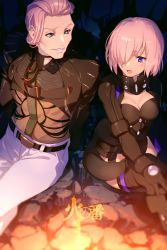 Rule 34 | 1boy, 1girl, armor, armored leotard, belt, belt buckle, black armor, black belt, black gloves, black jacket, black leotard, breastplate, breasts, buckle, cleavage, commentary, cropped jacket, crossed legs, echo (circa), fate/grand order, fate (series), gauntlets, gloves, green eyes, hair over one eye, jacket, large breasts, leotard, lips, lipstick, looking at another, makeup, mash kyrielight, mash kyrielight (ortenaus), medium breasts, one eye covered, open mouth, pants, parted lips, pink hair, pink lips, purple eyes, scandinavia peperoncino, short hair, sitting, translated, white pants