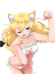 Rule 34 | 1girl, absurdres, animal ears, ass, bad id, bad pixiv id, bare shoulders, blonde hair, blue eyes, blush, bra, breasts, capoki, cat cutout, cat ears, cat hair ornament, cat lingerie, cleavage, cleavage cutout, clothing cutout, collarbone, fang, girls&#039; frontline, hair between eyes, hair ornament, hairclip, highres, idw (girls&#039; frontline), long hair, looking at viewer, medium breasts, meme attire, navel, one eye closed, open mouth, panties, paw pose, ribbon, shiny skin, side-tie panties, smile, solo, stomach, tail, thighs, twintails, underwear, underwear only