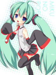 Rule 34 | 1girl, :d, ahoge, aqua hair, bare shoulders, black thighhighs, blue eyes, blush, child, detached sleeves, hatsune miku, headset, long hair, necktie, open mouth, skirt, sleeves past wrists, smile, solo, thighhighs, twintails, very long hair, vocaloid, yamaha, yuku (kiollion)