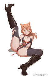 Rule 34 | 1girl, animal ears, black gloves, black thighhighs, boots, breasts, bridal gauntlets, brown hair, center opening, collar, cross-laced clothes, elbow gloves, fang, fingerless gloves, gloves, green eyes, groin, high heel boots, high heels, leaning back, leg lift, leotard, long hair, navel, open mouth, original, revealing clothes, seinen, simple background, small breasts, solo, thighhighs, watermark, web address, weibo watermark, white background, zipper