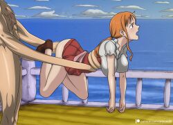Rule 34 | 1boy, 1girl, absurdres, anal, artyum99, clothed sex, highres, large penis, monkey d. luffy, nami (one piece), one piece, orange hair, penis, sex