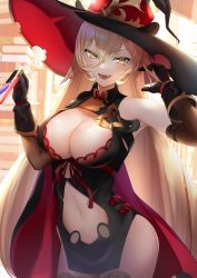Rule 34 | 1girl, :d, absurdres, black gloves, blonde hair, blush, breasts, cleavage, dress, fang, gloves, hair between eyes, hand up, hat, highres, holding, large breasts, long hair, looking at viewer, nijisanji, nui sociere, nui sociere (1st costume), open mouth, panamuru, smile, solo, stomach, thighhighs, very long hair, vial, virtual youtuber, witch hat, yellow eyes
