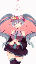 Rule 34 | 1girl, ^ ^, aqua hair, closed eyes, detached sleeves, closed eyes, flower, hatsune miku, head wreath, highres, necktie, open mouth, own hands clasped, own hands together, petals, pleated skirt, ponita, rose, simple background, skirt, smile, solo, sparkle, thighhighs, twintails, vocaloid