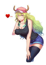 Rule 34 | 10s, 1girl, ;), absurdres, bare shoulders, baseball cap, black eyes, black shirt, black thighhighs, blonde hair, blue hair, blue shorts, blush, breasts, cleavage, closed mouth, collarbone, covered erect nipples, cowboy shot, dragon girl, dragon horns, eyelashes, fingernails, gradient eyes, gradient hair, green hair, hair between eyes, hand on breast, hand on lap, hand up, hat, heart, highres, horns, kobayashi-san chi no maidragon, large breasts, leaning forward, legs together, lips, long hair, looking at viewer, lucoa (maidragon), multicolored eyes, multicolored hair, one eye closed, pink hat, pink lips, purple eyes, shirt, short shorts, shorts, simple background, sleeveless, sleeveless shirt, slit pupils, smile, solo, standing, tank top, thighhighs, wavy hair, white background, yellow pupils, yin lan xue