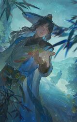 Rule 34 | 2boys, belt, bishounen, black belt, black hair, blue cape, blue theme, blurry, cape, chinese clothes, chunriqingqaq, colored inner hair, cowboy shot, depth of field, dutch angle, floating hair, foliage, furrowed brow, glowing, hair between eyes, highres, leaf, lips, long hair, mandarin collar, multicolored hair, multiple boys, nose, original, outdoors, outstretched hand, parted hair, parted lips, path, rain, road, solo focus, water drop