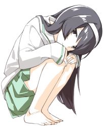 Rule 34 | 10s, 1girl, :|, barefoot, black hair, brown eyes, closed mouth, expressionless, fingernails, girls und panzer, green skirt, hair ornament, hairband, hands on own knees, head tilt, highres, jitome, long hair, long sleeves, looking at viewer, muchi maro, ooarai school uniform, pleated skirt, reizei mako, sailor collar, school uniform, shirt, simple background, skirt, sleeve cuffs, solo, squatting, toes, white background, white hairband, white sailor collar, white shirt