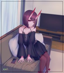 Rule 34 | 1girl, absurdres, bare shoulders, black dress, blush, bob cut, breasts, cellphone, contemporary, couch, dress, fate/grand order, fate (series), highres, horns, long sleeves, looking at viewer, oni, pantyhose, phone, purple eyes, purple hair, sawarineko, short hair, shuten douji (fate), sitting, skin-covered horns, small breasts, smile, television
