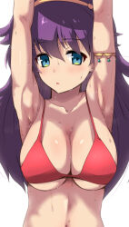 Rule 34 | 1girl, armlet, armpits, arms up, athena (series), bikini, breasts, cleavage, collarbone, cowboy shot, gem, hirowa nagi, large breasts, long hair, looking at viewer, navel, outstretched arms, princess athena, purple hair, red bikini, snk, solo, sweat, swimsuit, tiara, upper body