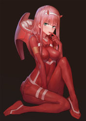 Rule 34 | 10s, 1girl, aqua eyes, bad id, bad pixiv id, between legs, black background, bodysuit, breasts, darling in the franxx, finger in own mouth, hairband, hand between legs, highres, long hair, looking at viewer, masila, medium breasts, pink hair, red bodysuit, simple background, sitting, skin tight, solo, wedge heels, white hairband, zero two (darling in the franxx)