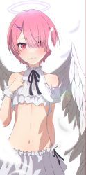 Rule 34 | 1girl, absurdres, angel, angel wings, bare shoulders, blush, breasts, camui1104, eyes visible through hair, feathers, hair ornament, hair over one eye, hairclip, halo, highres, looking at viewer, navel, pink hair, pleated skirt, ram (re:zero), re:zero kara hajimeru isekai seikatsu, red eyes, resolution mismatch, short hair, skirt, small breasts, smile, solo, source smaller, stomach, white skirt, wings, wrist cuffs, x hair ornament