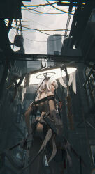 Rule 34 | 1girl, absurdres, arm guards, ass, bare shoulders, building, duona, from behind, from below, goddess of victory: nikke, hair ornament, hair stick, hat, highres, holding, holding weapon, jingasa, long hair, looking back, power lines, rain, rope, scarlet (black shadow) (nikke), scarlet (nikke), see-through, sky, skyscraper, solo, standing, weapon, white hair, wide brim, wrist guards