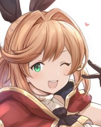 Rule 34 | 1girl, ;d, black gloves, brown hair, cape, clarisse (granblue fantasy), gloves, granblue fantasy, green eyes, heart, kiikii (kitsukedokoro), long hair, looking at viewer, one eye closed, open mouth, ponytail, portrait, red cape, shirt, simple background, sleeveless, sleeveless shirt, smile, solo, v, white background, white shirt