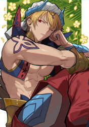 Rule 34 | 1boy, abs, bare pectorals, bare shoulders, blonde hair, cropped vest, earrings, fate/grand order, fate (series), floral background, gauntlets, gilgamesh, gilgamesh (caster) (fate), gilgamesh (fate), hair between eyes, hand on own face, highres, jewelry, legs up, looking at viewer, male focus, no shirt, none (kameko227), one eye closed, pectorals, red eyes, short hair, shoulder tattoo, single gauntlet, sitting, sleeveless, solo, tattoo, turban, vest, wristband